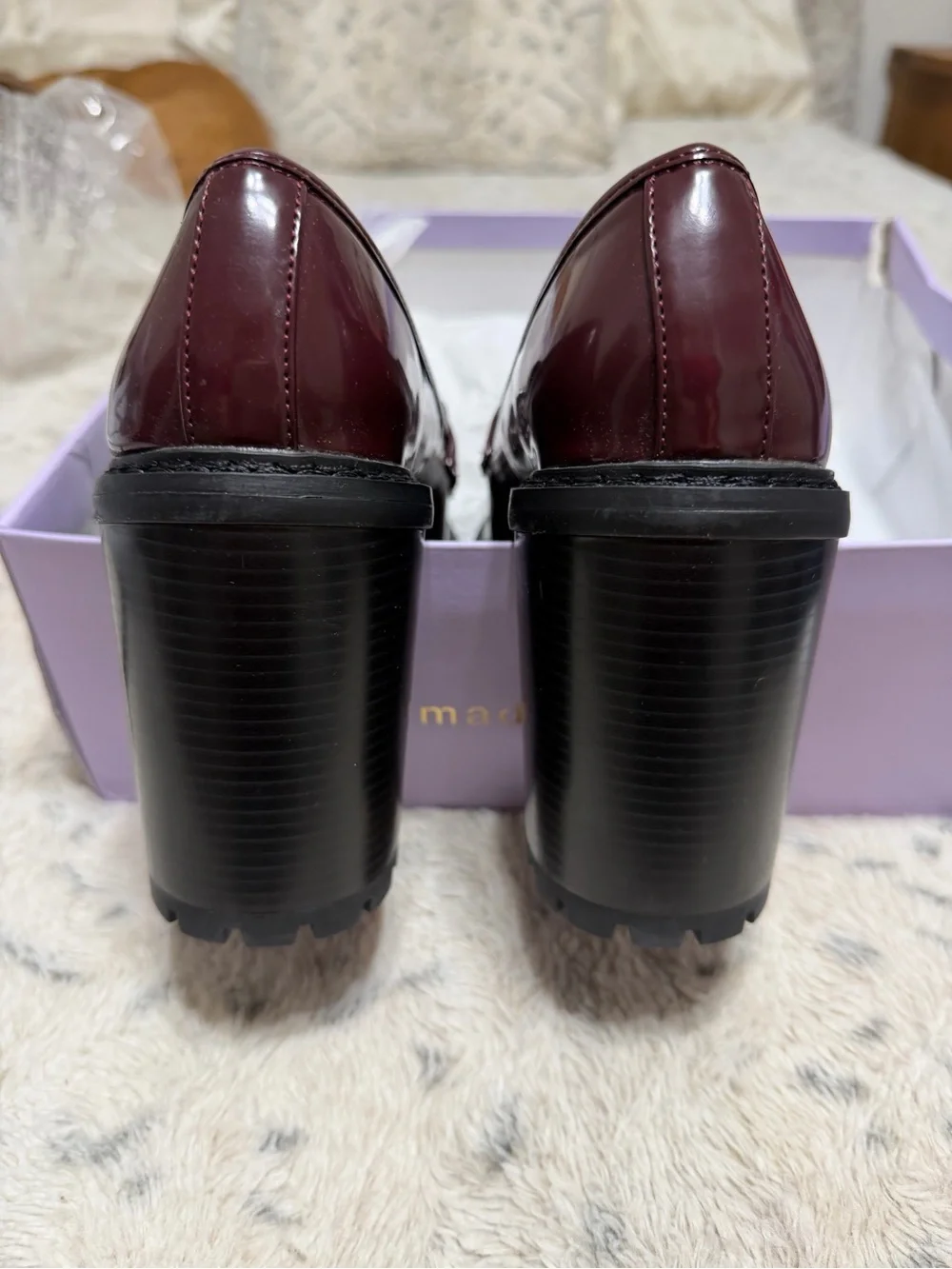 Madden Girl burgandy brown-mahogany platform loafers with heels.